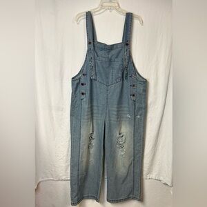 Women’s Blue Denim Overalls Size XL Wide Legs Distressed